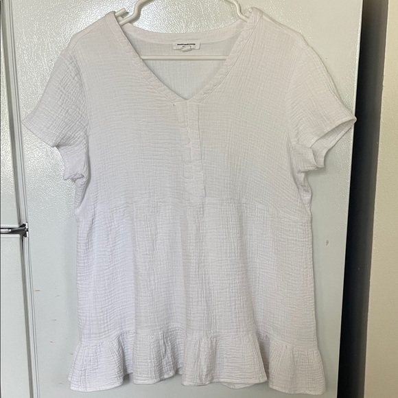 Beachlunchlounge Large White Carey Tiered V Neck Pullover Top 100% Cotton - Picture 1 of 7